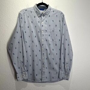 Tommy Bahama Shirt Mens M Blue White Striped Hula Girl Embroidery Button‎ Down